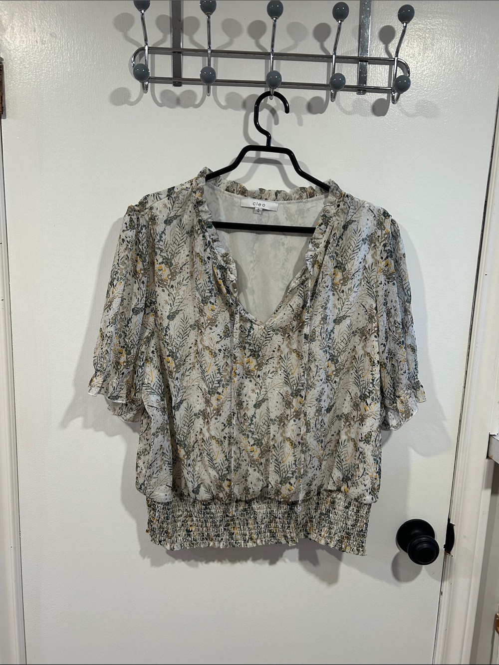cleo Sheer Floral V-Neck Blouse in Cream and Olive